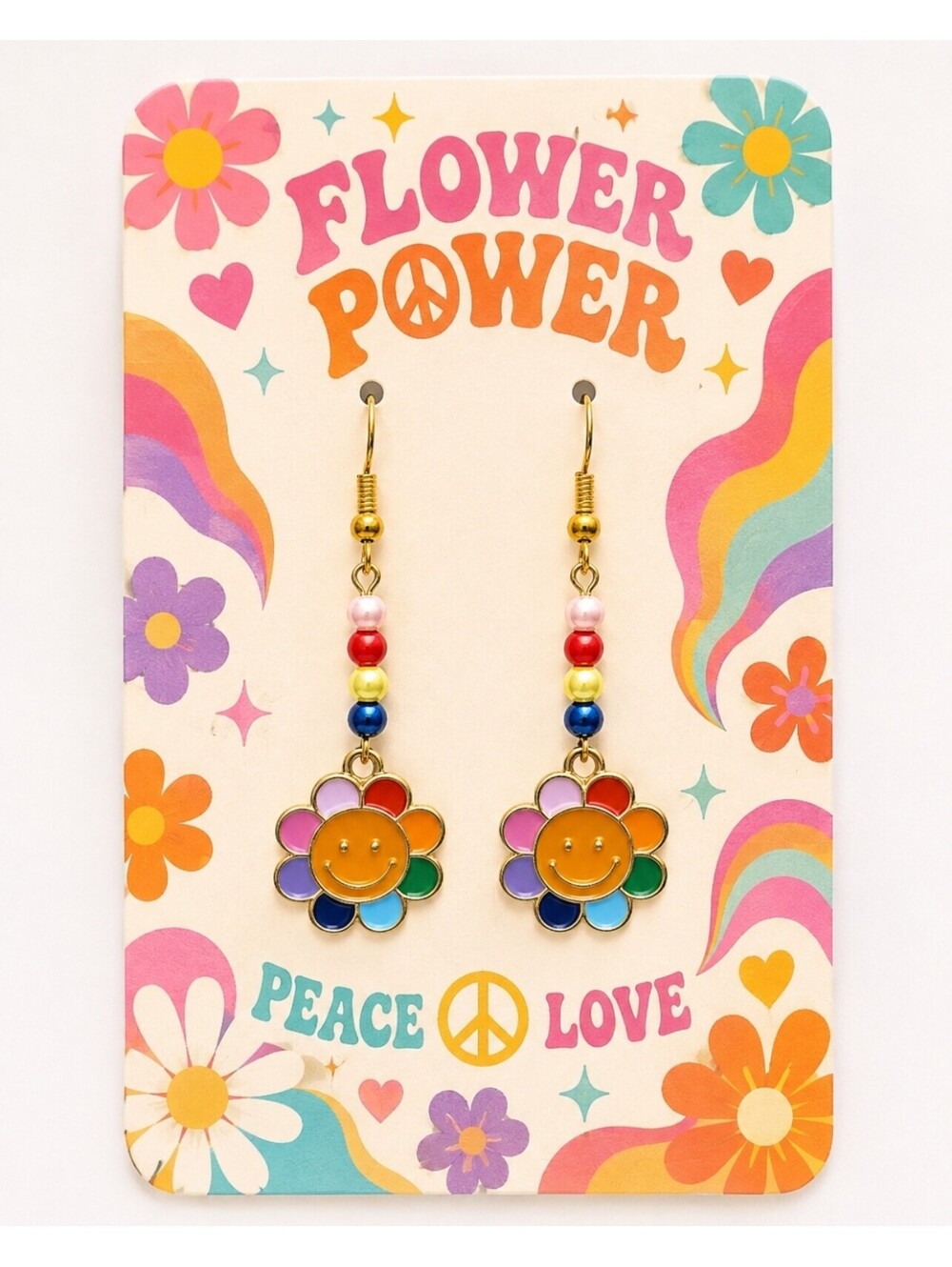Fun Jewelry Flower Power Hippie Love Rainbow Bead Hypoallergenic Drop Earrings